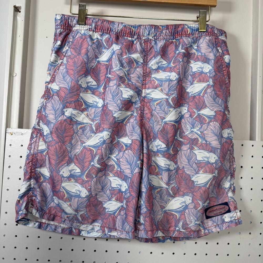 Vineyard Vines 7" Chappy Trunks‎ Men's L Multi Fish Print Thermal Lined Swimwear